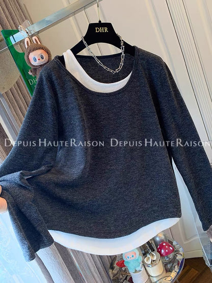 DHR unique design contrast color off-shoulder fake two-piece long-sleeved T-shirt bottoming shirt loose top inner wear women's autumn clothing