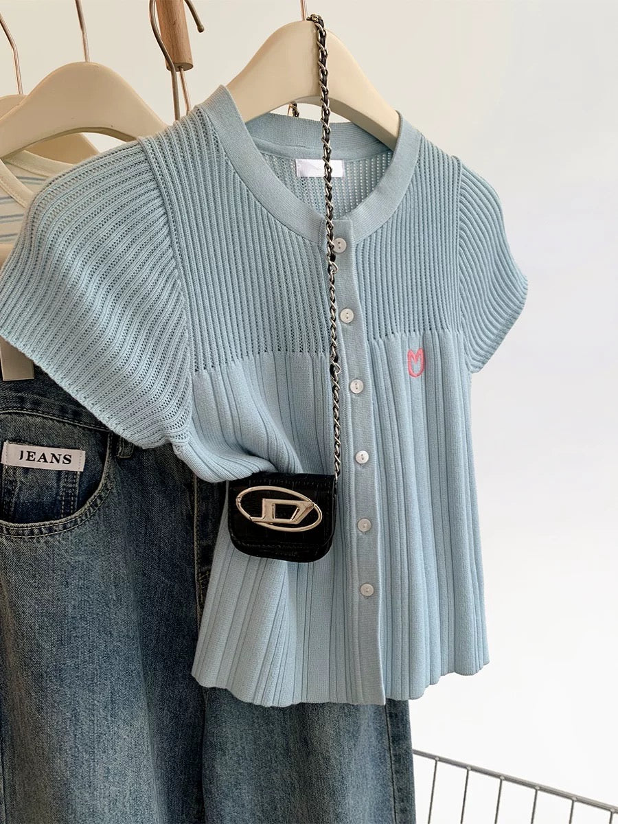 Blue thin knitted short-sleeved T-shirt for women in summer, design, slim fit, short style, small size, straight shoulder, short-sleeved top, summer
