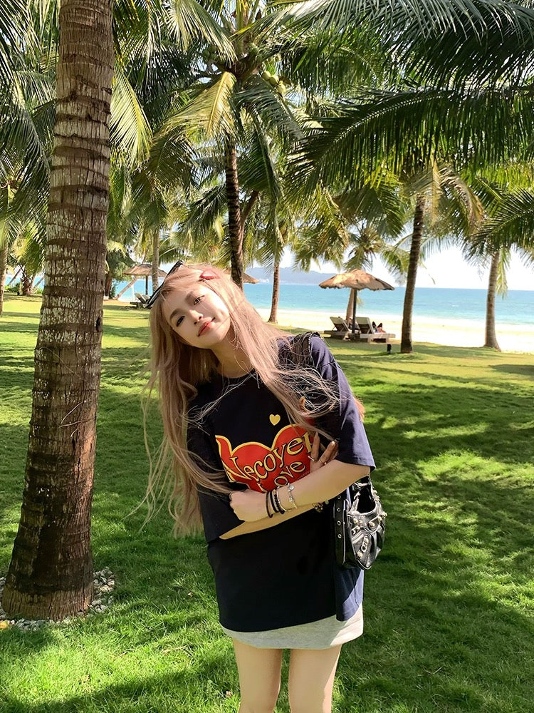 NECOYEP 2024 original American trendy brand love printed short-sleeved T-shirt couple loose trendy brand top ins trend