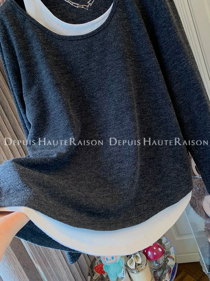 DHR unique design contrast color off-shoulder fake two-piece long-sleeved T-shirt bottoming shirt loose top inner wear women's autumn clothing