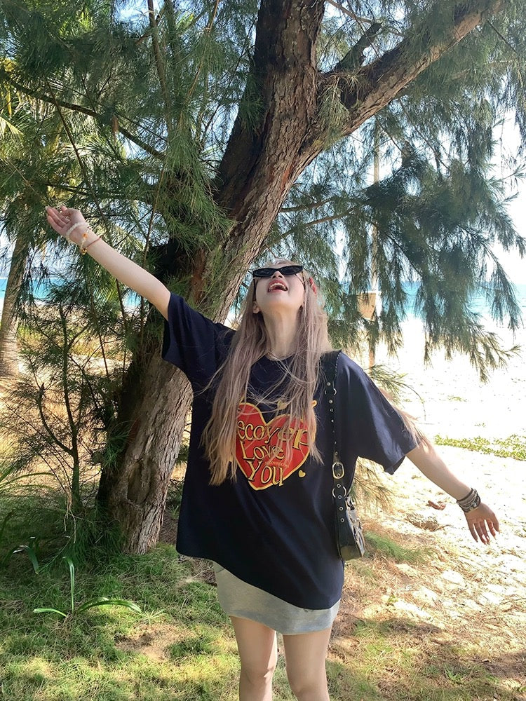 NECOYEP 2024 original American trendy brand love printed short-sleeved T-shirt couple loose trendy brand top ins trend
