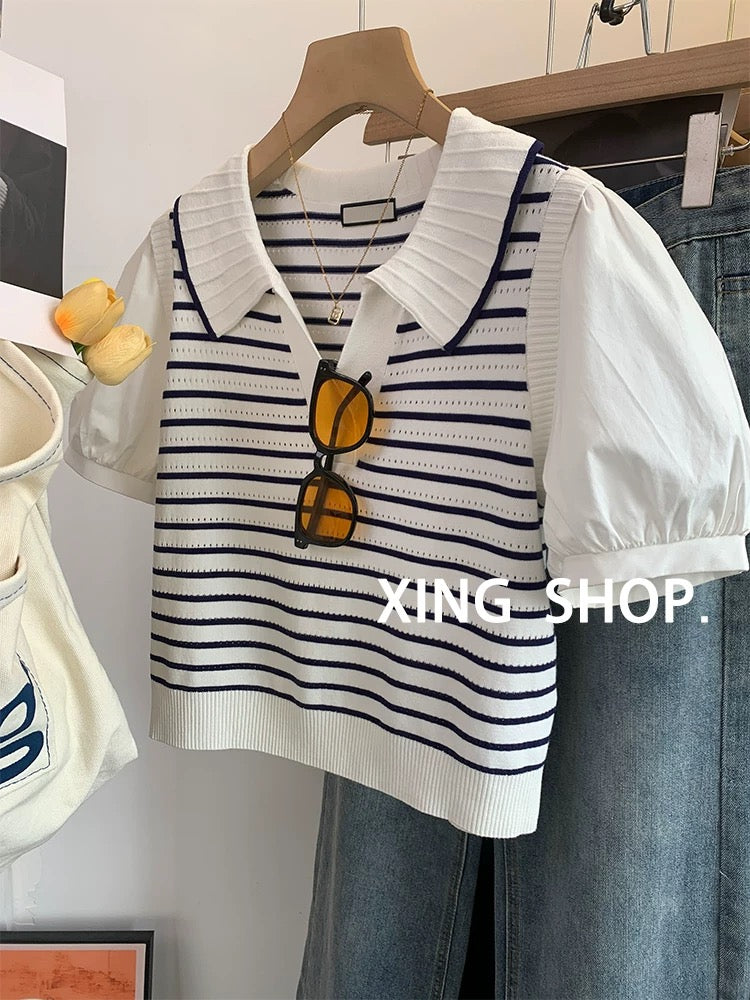 White striped straight shoulder puff sleeve t-shirt women's summer 2025 new splicing fake two-piece t-shirt doll collar top