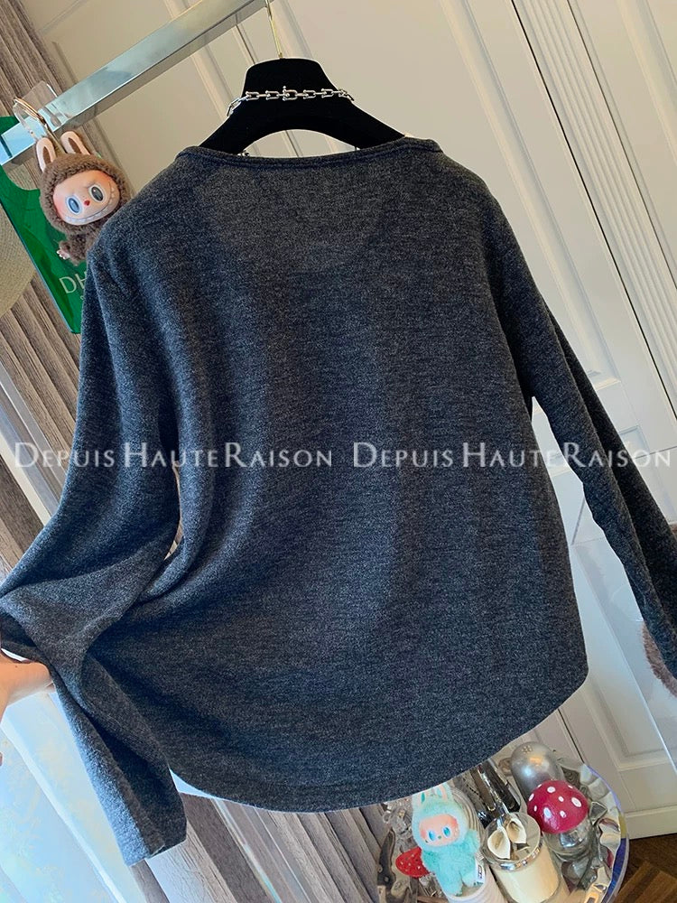DHR unique design contrast color off-shoulder fake two-piece long-sleeved T-shirt bottoming shirt loose top inner wear women's autumn clothing