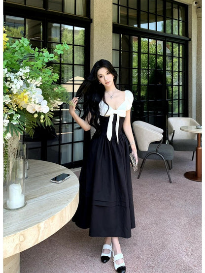 Barb Chill contrast color stitching bow dress 2025 summer Hepburn style elastic puff sleeve long dress