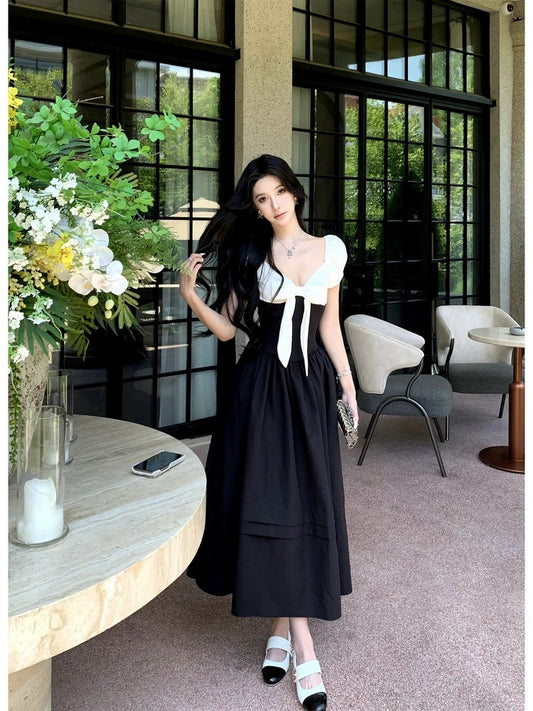 Barb Chill contrast color stitching bow dress 2025 summer Hepburn style elastic puff sleeve long dress