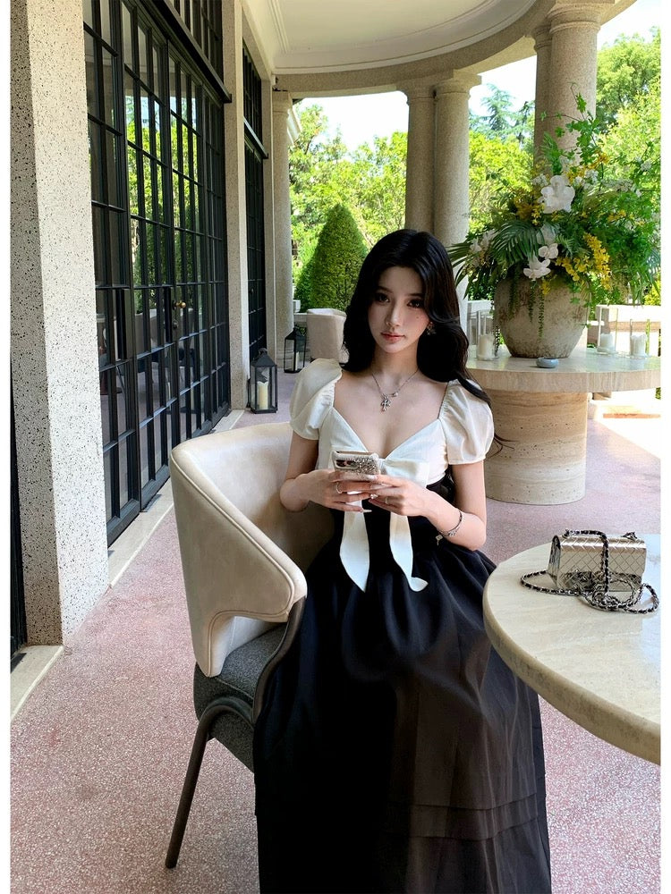 Barb Chill contrast color stitching bow dress 2025 summer Hepburn style elastic puff sleeve long dress