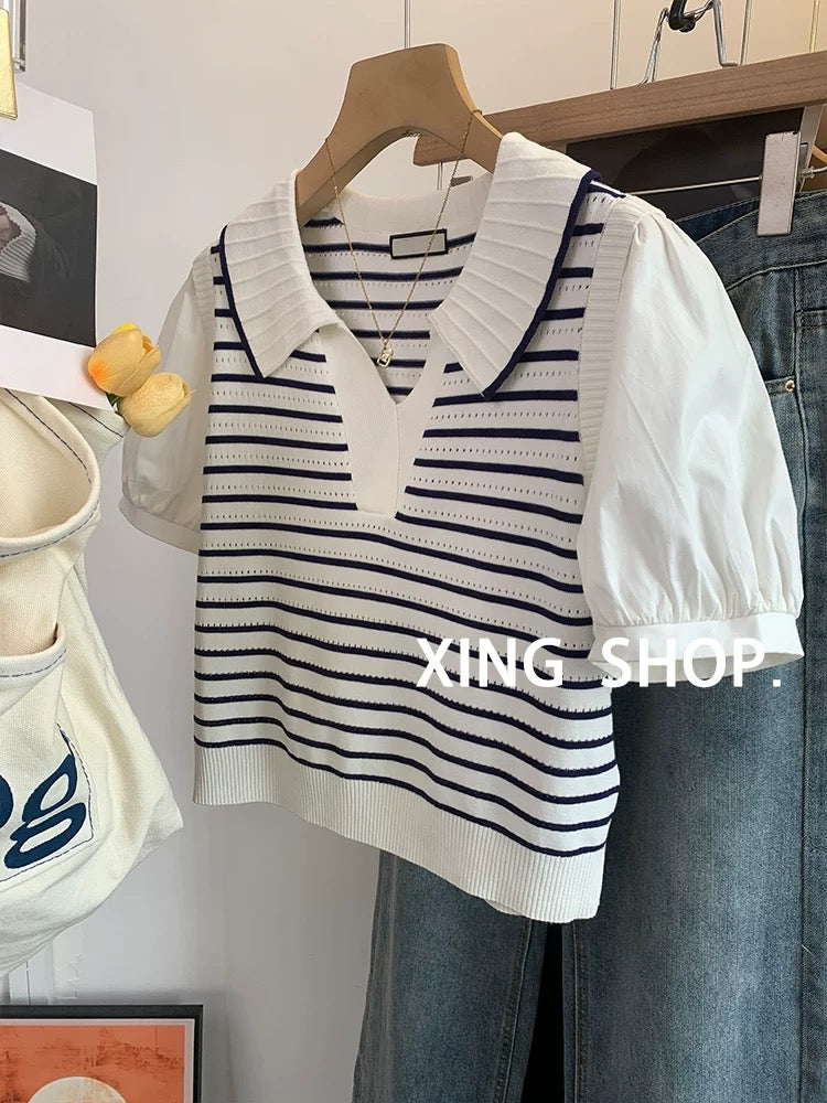 White striped straight shoulder puff sleeve t-shirt women's summer 2025 new splicing fake two-piece t-shirt doll collar top