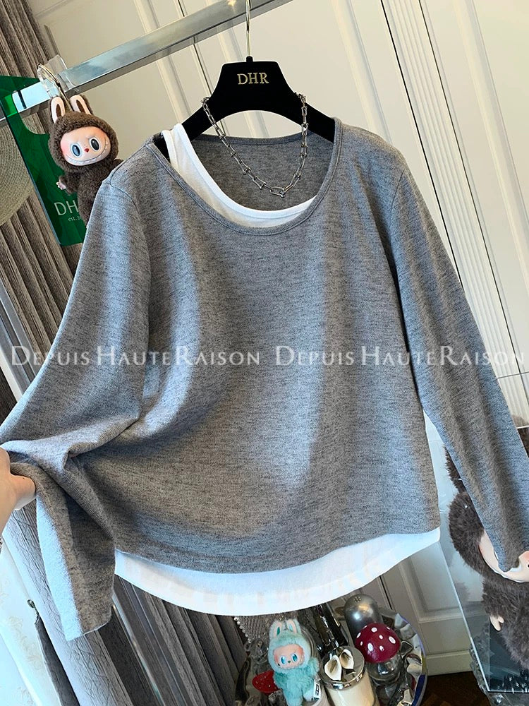 DHR unique design contrast color off-shoulder fake two-piece long-sleeved T-shirt bottoming shirt loose top inner wear women's autumn clothing