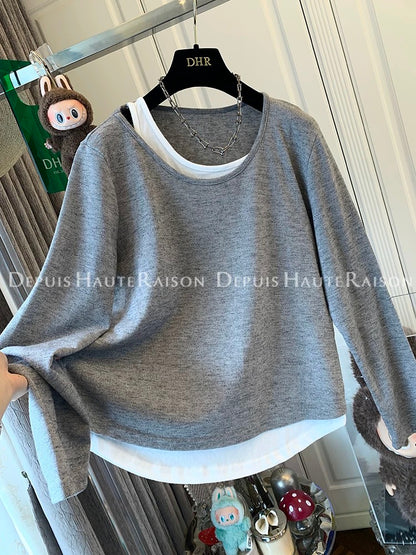 DHR unique design contrast color off-shoulder fake two-piece long-sleeved T-shirt bottoming shirt loose top inner wear women's autumn clothing