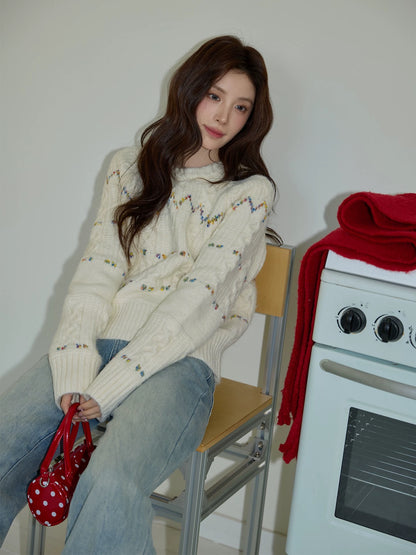 Chaochao Home Dopamine Thick Round Neck Cable Knit Sweater Women's Winter Loose Inner Layer Apricot Knit Sweater Wool Top