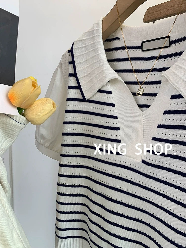 White striped straight shoulder puff sleeve t-shirt women's summer 2025 new splicing fake two-piece t-shirt doll collar top