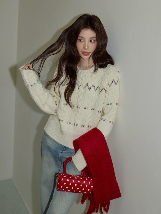 Chaochao Home Dopamine Thick Round Neck Cable Knit Sweater Women's Winter Loose Inner Layer Apricot Knit Sweater Wool Top