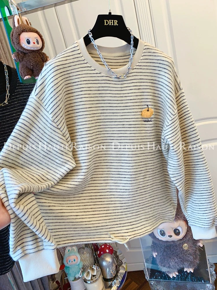 DHR Super good-looking age-reducing soft embroidered pumpkin striped long-sleeved T-shirt bottoming shirt Korean style loose top women's autumn