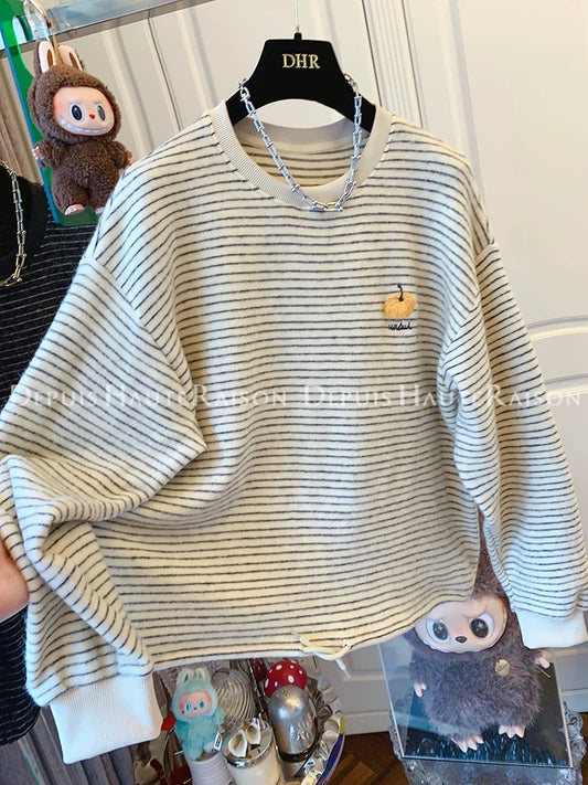 DHR Super good-looking age-reducing soft embroidered pumpkin striped long-sleeved T-shirt bottoming shirt Korean style loose top women's autumn
