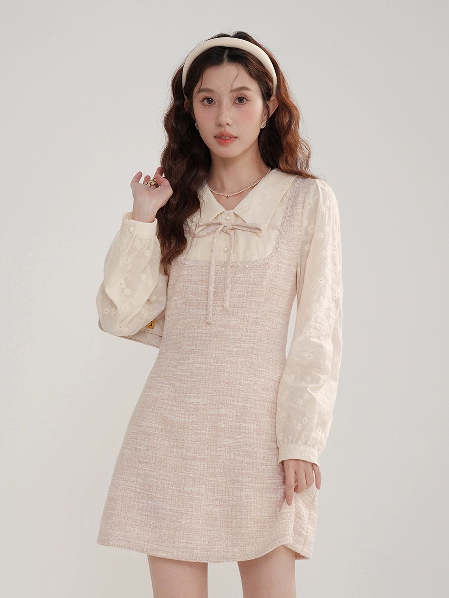 Xiaoxiangfeng dress women's early spring new style doll collar little rich girl's pink fake two-piece skirt
