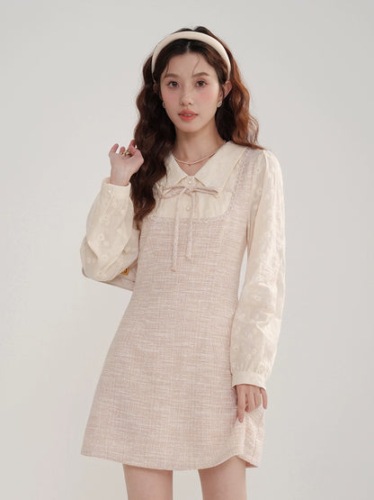 Xiaoxiangfeng dress women's early spring new style doll collar little rich girl's pink fake two-piece skirt