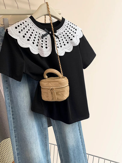 French black doll collar short-sleeved T-shirt for women in summer 2025 new design for small size straight shoulder short-sleeved top