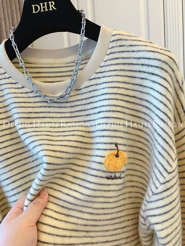 DHR Super good-looking age-reducing soft embroidered pumpkin striped long-sleeved T-shirt bottoming shirt Korean style loose top women's autumn