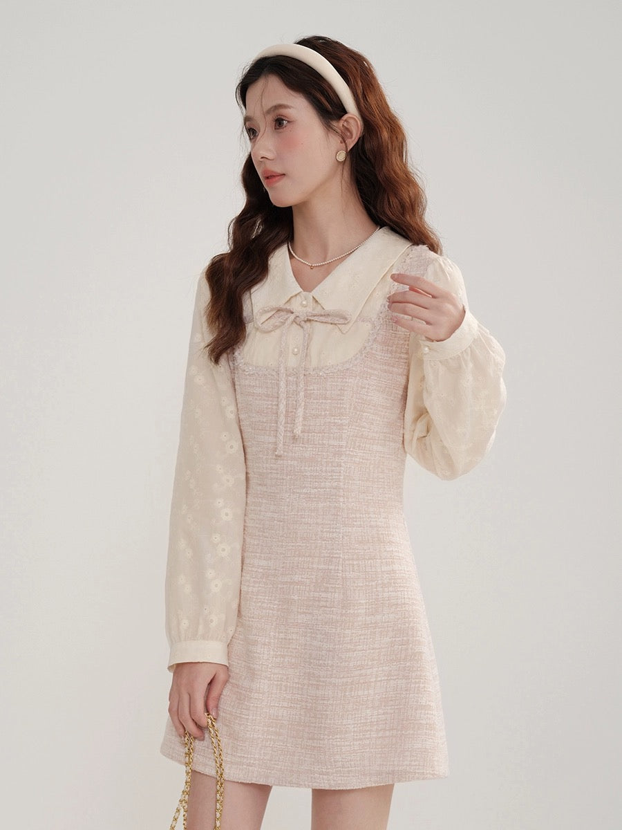 Xiaoxiangfeng dress women's early spring new style doll collar little rich girl's pink fake two-piece skirt