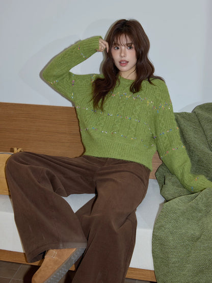 Chaochao Home Dopamine Thick Round Neck Cable Knit Sweater Women's Winter Loose Inner Layer Apricot Knit Sweater Wool Top