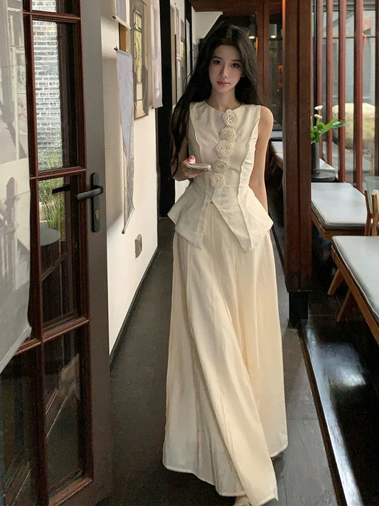 Barb Chill Relaxed Old Money Style Suit Women's Summer New Rose Sleeveless Vest A-Line Fishtail Skirt