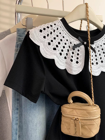 French black doll collar short-sleeved T-shirt for women in summer 2025 new design for small size straight shoulder short-sleeved top