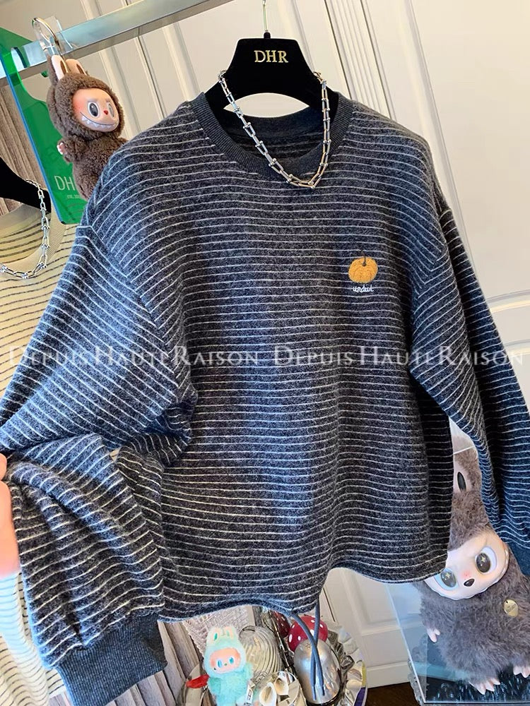 DHR Super good-looking age-reducing soft embroidered pumpkin striped long-sleeved T-shirt bottoming shirt Korean style loose top women's autumn