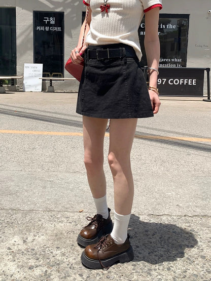 Chaochao's Gray High-Waisted Denim A-Line Skirt for Women, Summer 2025, Retro Style, Versatile, Loose and Casual Short Skirt