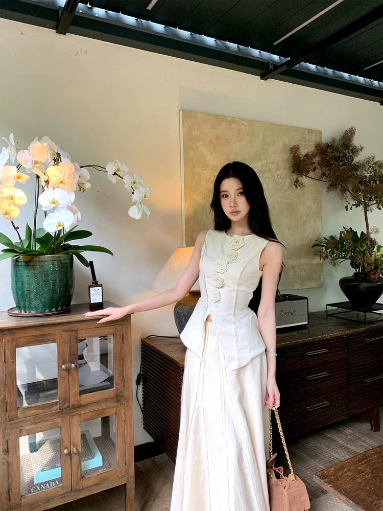 Barb Chill Relaxed Old Money Style Suit Women's Summer New Rose Sleeveless Vest A-Line Fishtail Skirt