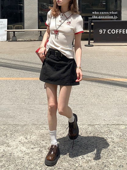 Chaochao's Gray High-Waisted Denim A-Line Skirt for Women, Summer 2025, Retro Style, Versatile, Loose and Casual Short Skirt