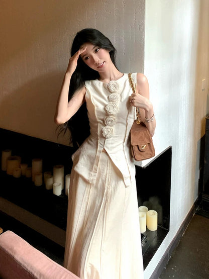 Barb Chill Relaxed Old Money Style Suit Women's Summer New Rose Sleeveless Vest A-Line Fishtail Skirt