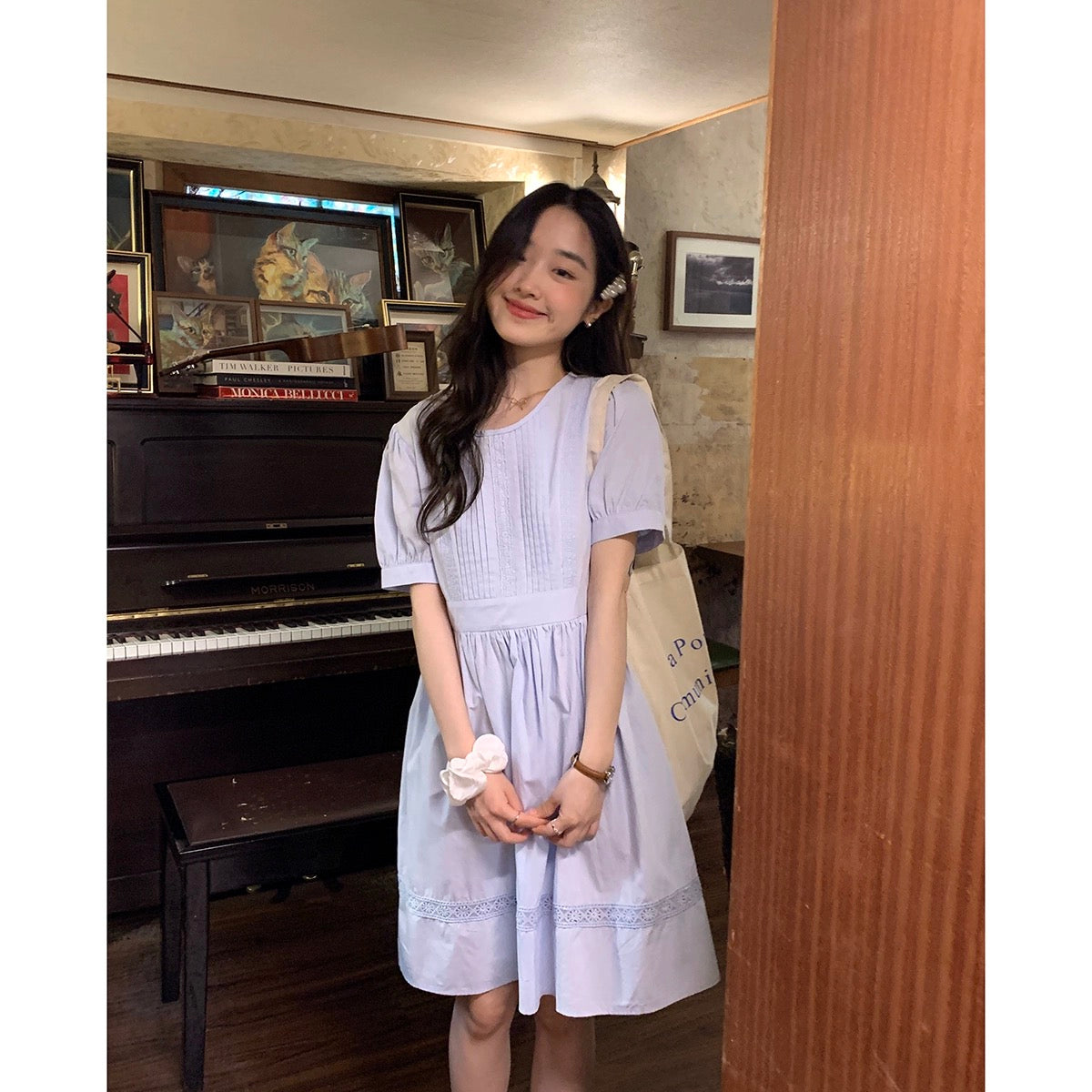 Lu Xiao Tuantuan Waist Doll Dress Women's 2024 Spring New Korean Style High Waist Slimming Tea Style Dress