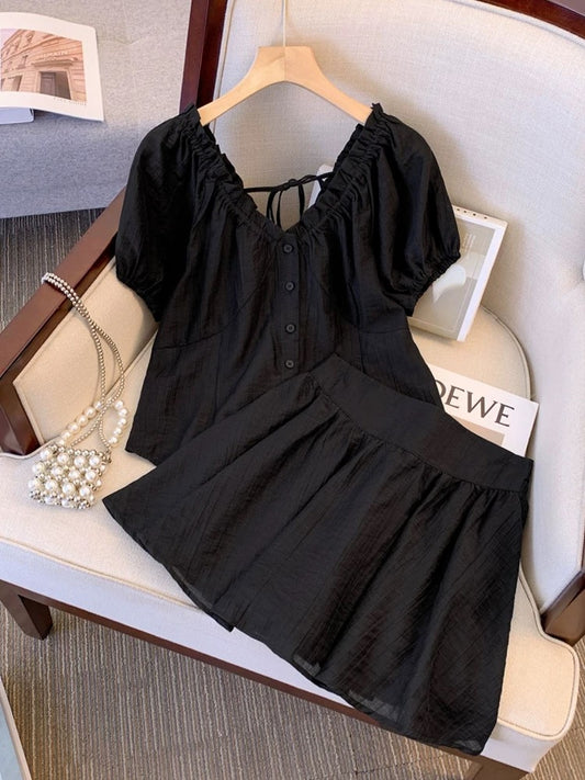 Plus size suit for fat girls, slim casual two-piece set for women with ear-shaped V-neck puff sleeve shirt, A-line version skirt