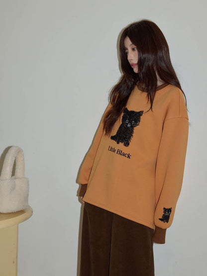 Chaochao's Orange Crew Neck Pullover Thick Embroidered Sweatshirt for Women, 2025 Winter High-End Loose and Lazy Long-Sleeved Top