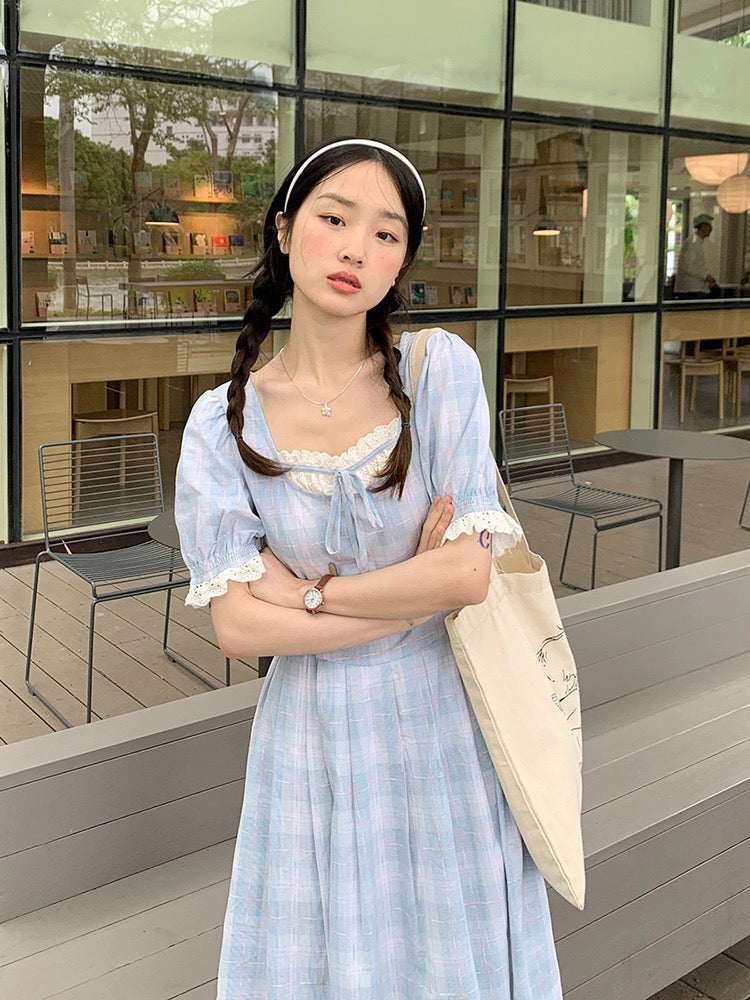 Lu Xiao Tuantuan's temperament hollow plaid dress 2024 summer new Korean style lazy holiday style retro skirt