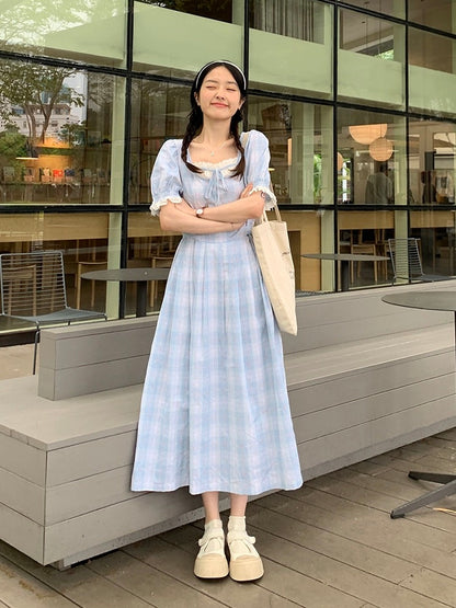 Lu Xiao Tuantuan's temperament hollow plaid dress 2024 summer new Korean style lazy holiday style retro skirt