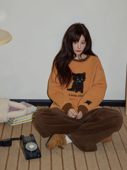 Chaochao's Orange Crew Neck Pullover Thick Embroidered Sweatshirt for Women, 2025 Winter High-End Loose and Lazy Long-Sleeved Top