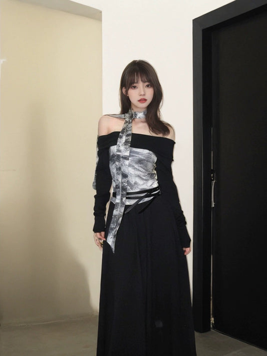 American retro tie-dye patchwork contrast dress for women in spring sexy one-shoulder slim-fitting long skirt