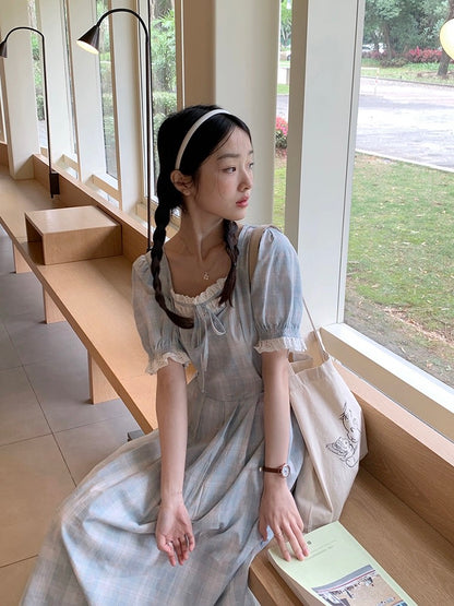 Lu Xiao Tuantuan's temperament hollow plaid dress 2024 summer new Korean style lazy holiday style retro skirt