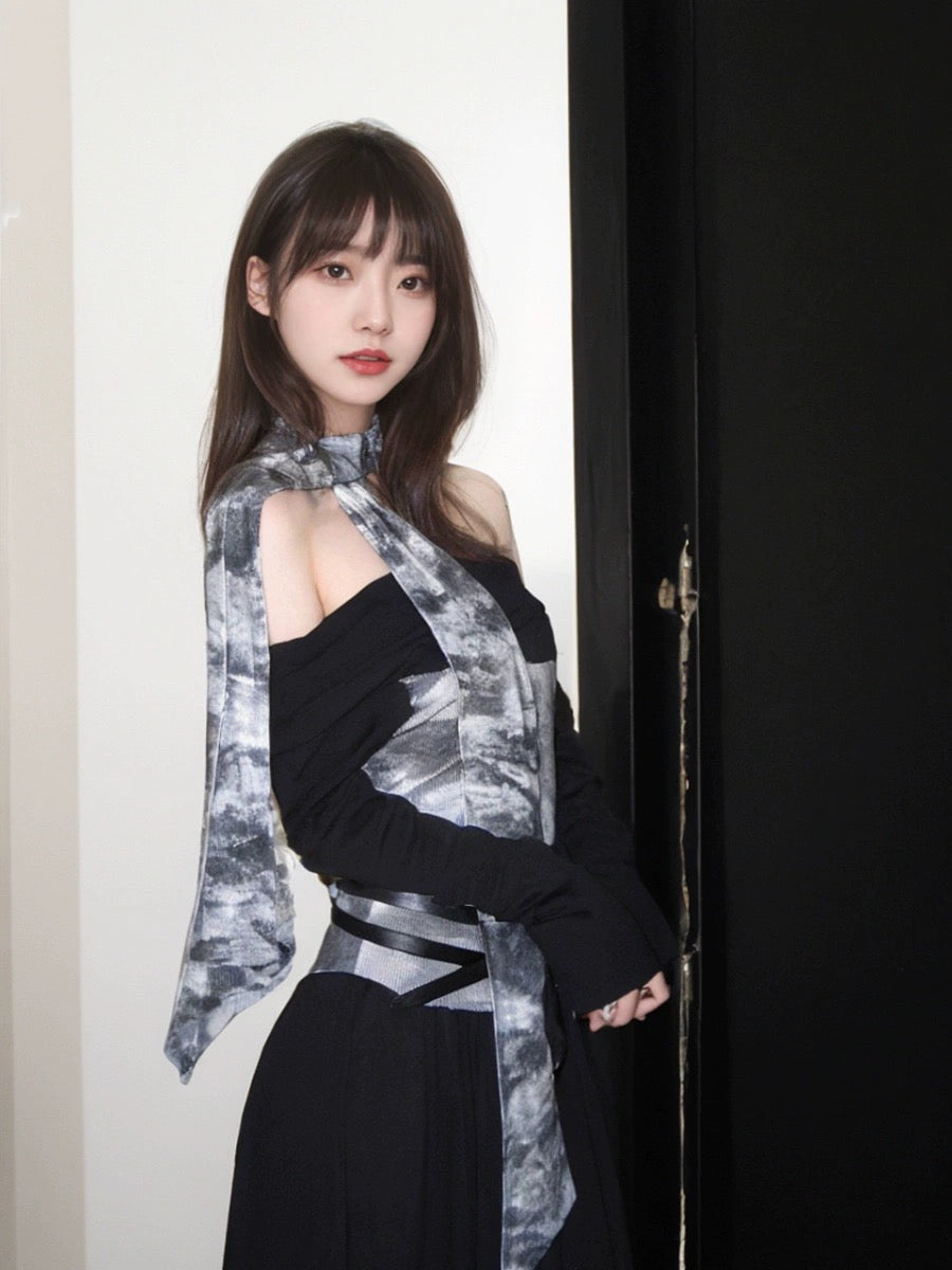 American retro tie-dye patchwork contrast dress for women in spring sexy one-shoulder slim-fitting long skirt