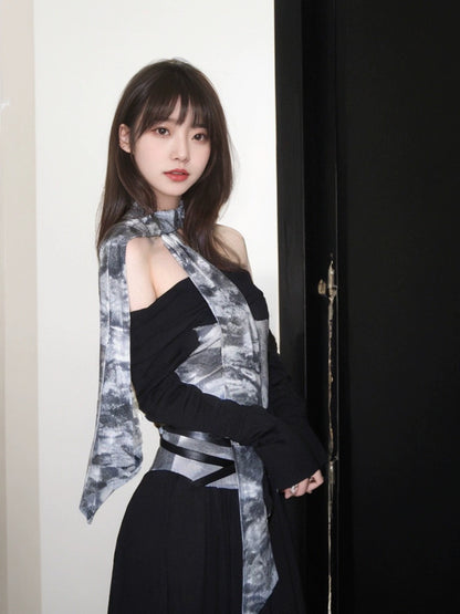 American retro tie-dye patchwork contrast dress for women in spring sexy one-shoulder slim-fitting long skirt
