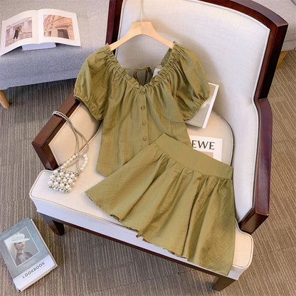 Plus size suit for fat girls, slim casual two-piece set for women with ear-shaped V-neck puff sleeve shirt, A-line version skirt