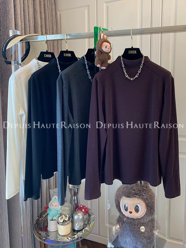DHR soft and versatile half-high collar plus velvet straight shoulder long-sleeved bottoming shirt T-shirt loose inner top women's winter new