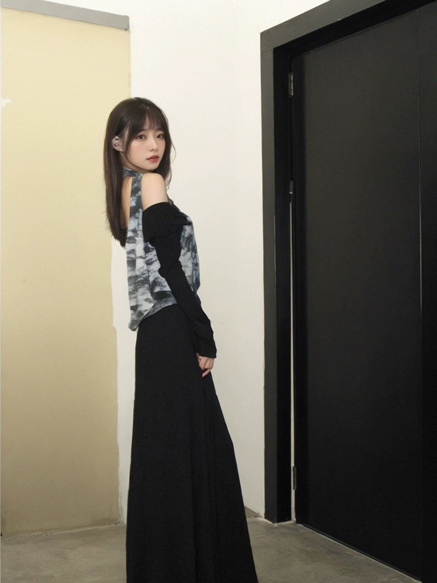 American retro tie-dye patchwork contrast dress for women in spring sexy one-shoulder slim-fitting long skirt