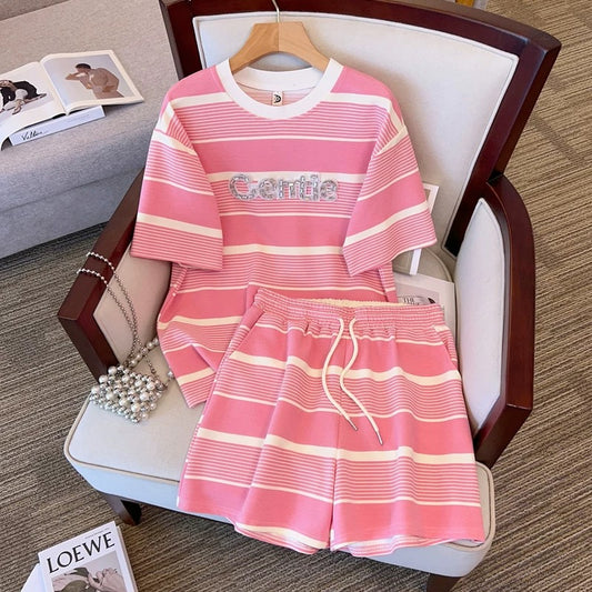 Plus size summer slimming suit for fat girls, women's high-end sequined letter splicing striped T-shirt + shorts two-piece set