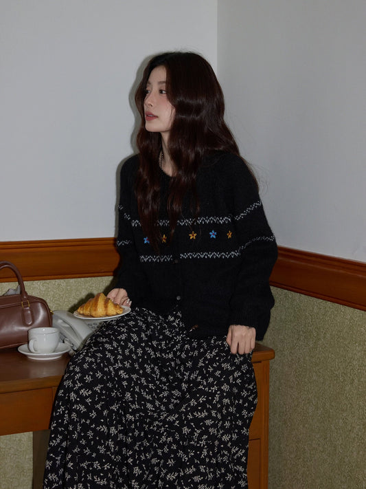 Chaochao's Black Crew Neck Sweater Cardigan for Women, 2025 Autumn/Winter, Lazy Loose Knit Cardigan, Long Sleeve Outerwear