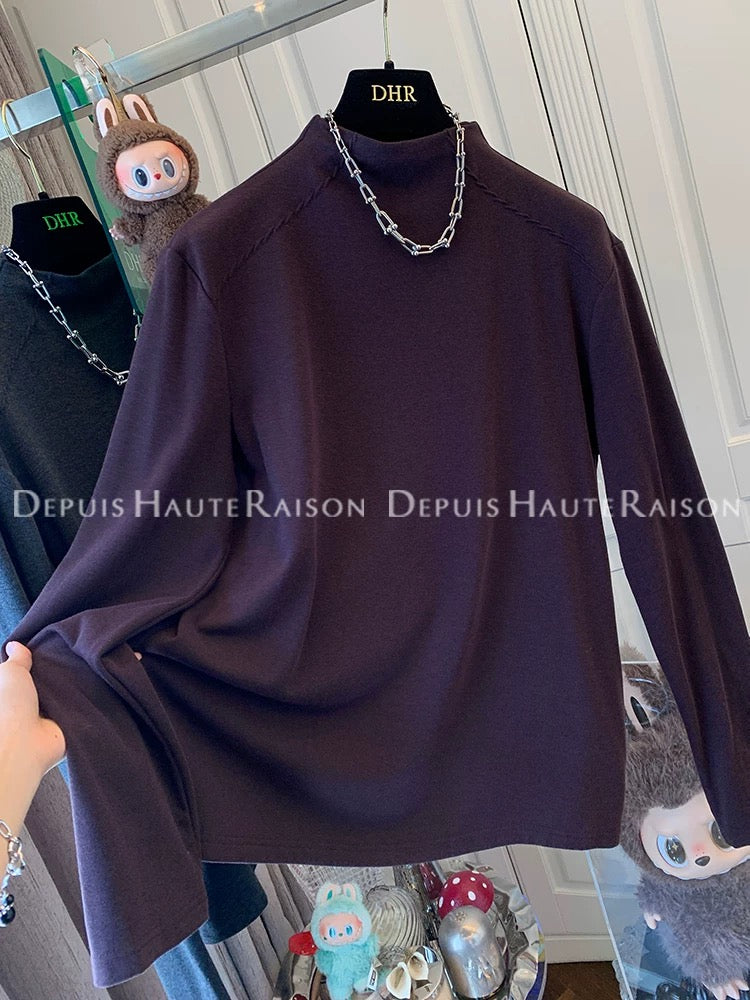 DHR soft and versatile half-high collar plus velvet straight shoulder long-sleeved bottoming shirt T-shirt loose inner top women's winter new