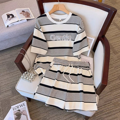 Plus size summer slimming suit for fat girls, women's high-end sequined letter splicing striped T-shirt + shorts two-piece set
