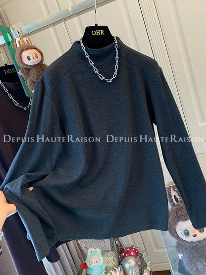 DHR soft and versatile half-high collar plus velvet straight shoulder long-sleeved bottoming shirt T-shirt loose inner top women's winter new