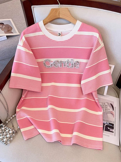 Plus size summer slimming suit for fat girls, women's high-end sequined letter splicing striped T-shirt + shorts two-piece set